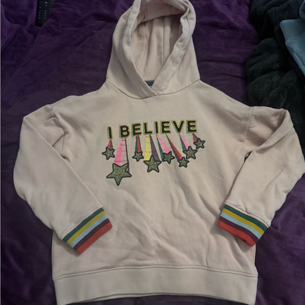 Boden Light Pink Girls' Hooded Sweatshirt with Star 'I Believe' Appliqué